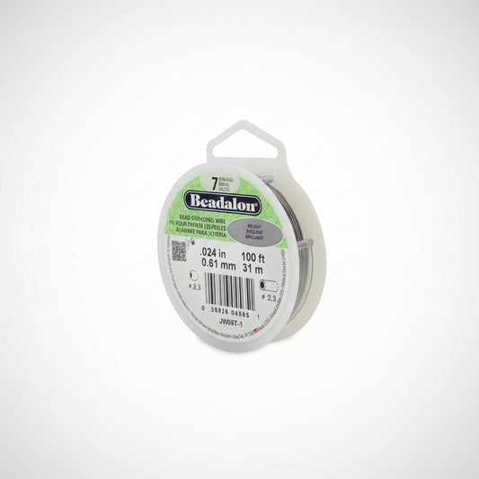 Spool of Beadalon bead stringing wire with label on a white background