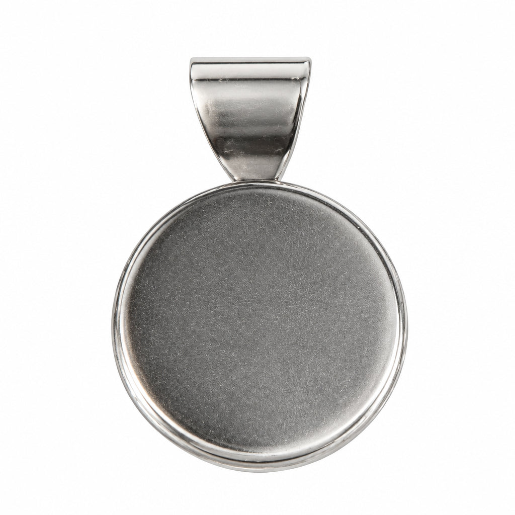 A round silver cabochon pendant with a flat, textured dome and a matching silver bail at the top, shown on a plain white background.