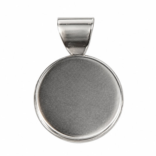 A round silver cabochon pendant with a flat, textured dome and a matching silver bail at the top, shown on a plain white background.