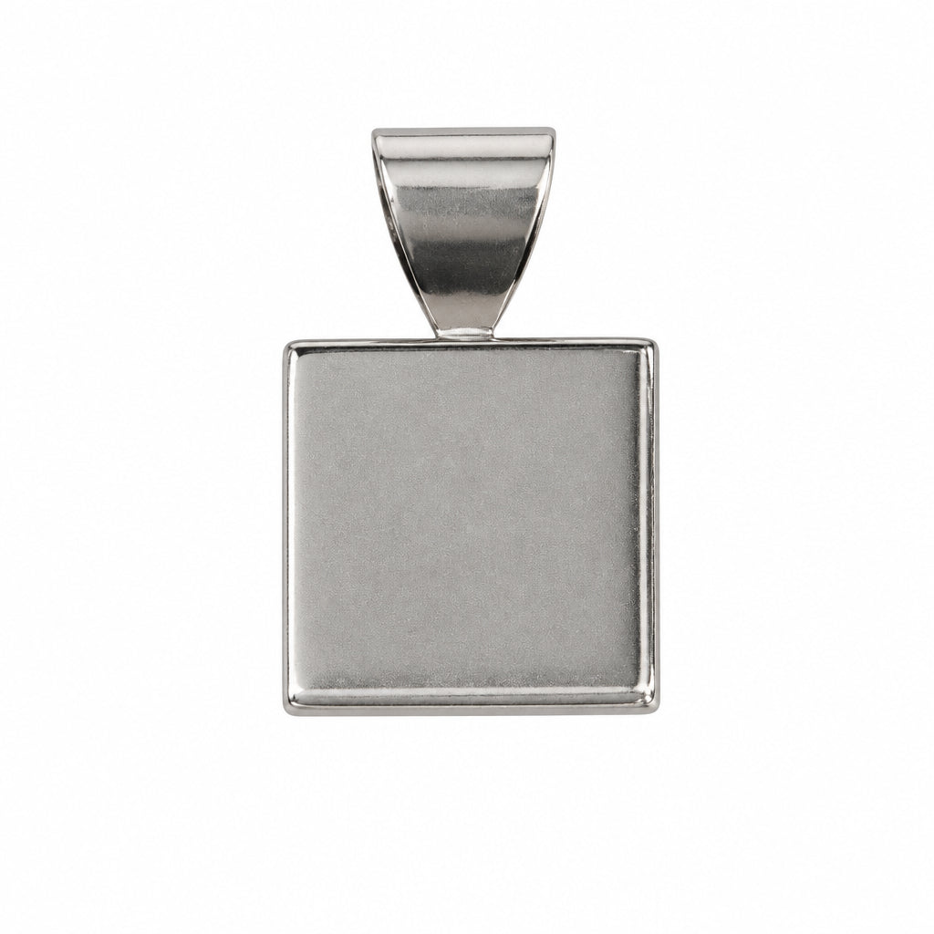 A silver metal pendant with a square flat face and a small top bail, shown on a plain white background.