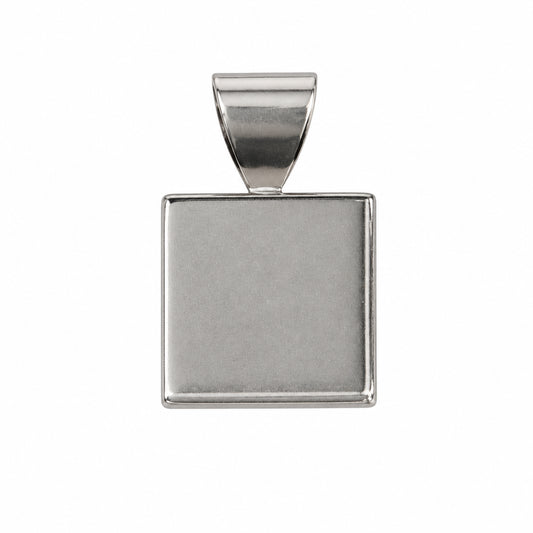 A silver metal pendant with a square flat face and a small top bail, shown on a plain white background.