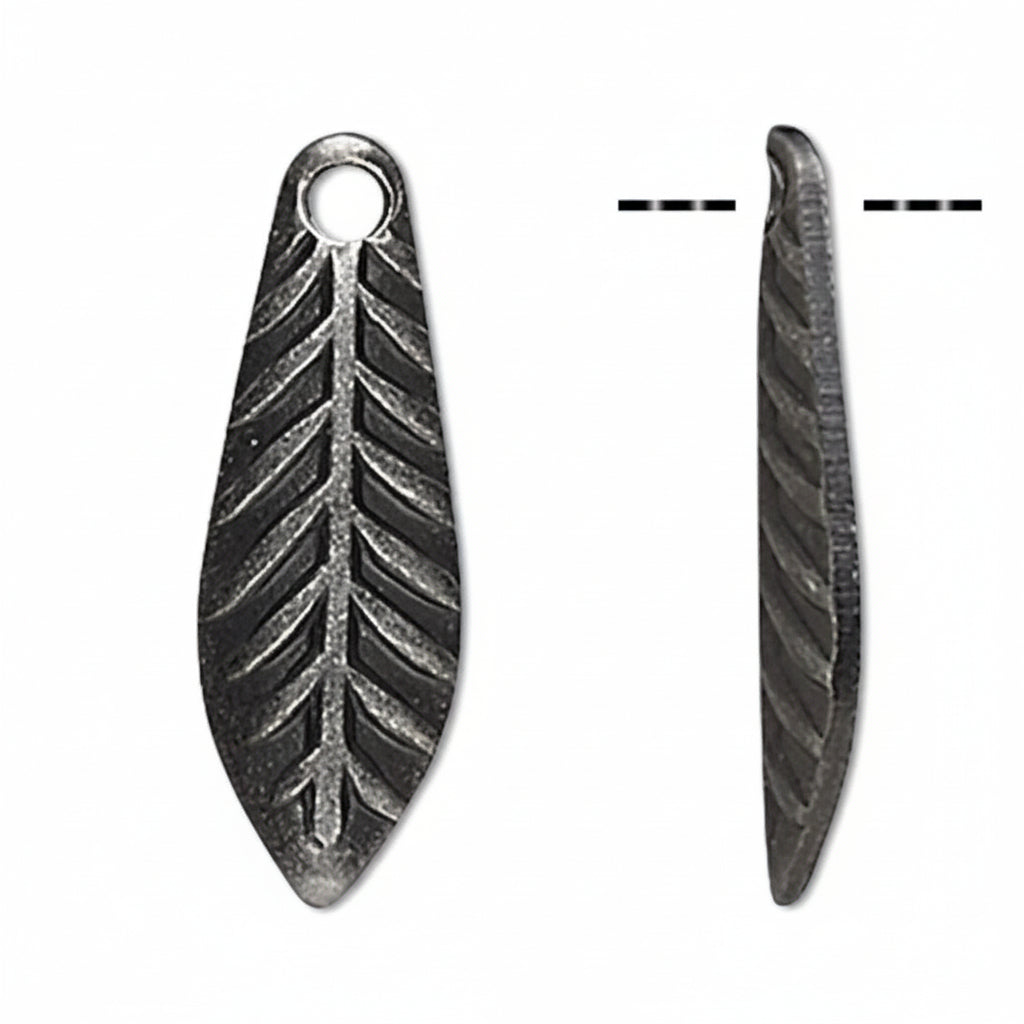 A dark metallic leaf-shaped jewelry charm with a pre-drilled hole at the top, shown from both front and side views against a plain white background.
