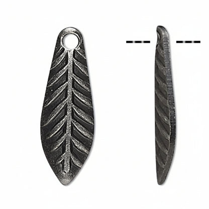 A dark metallic leaf-shaped jewelry charm with a pre-drilled hole at the top, shown from both front and side views against a plain white background.