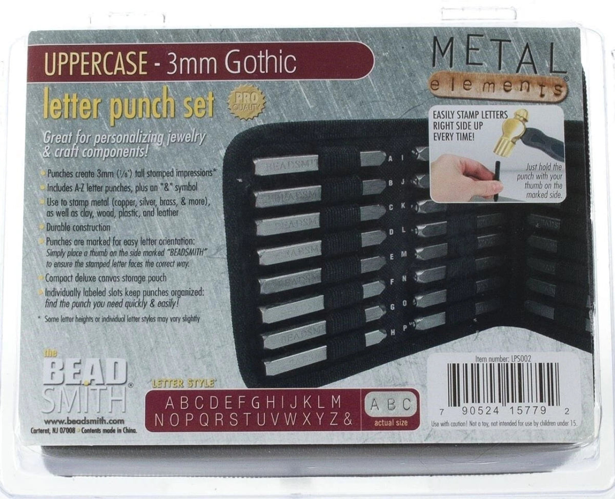 Bead Smith Metal Elements Uppercase 3mm Gothic letter punch set in retail packaging, featuring a black metal punch tool and alphabet guide insert.