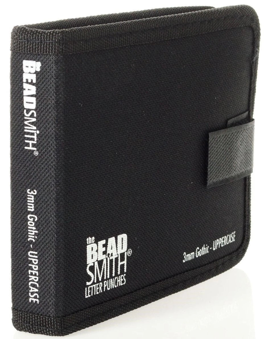 Black canvas letter punch case for 3mm Gokil - Upper Case by The Bead Smith, featuring white printed branding and a black elastic closure tab on the front.