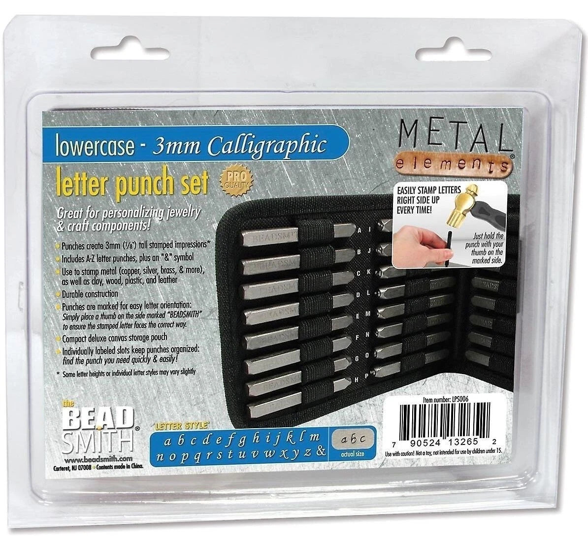 Bead Smith Metal Elements lowercase 3mm calligraphic letter punch set in retail packaging, featuring a black metal punch tool with engraved alphabet letters and product information on the front card.