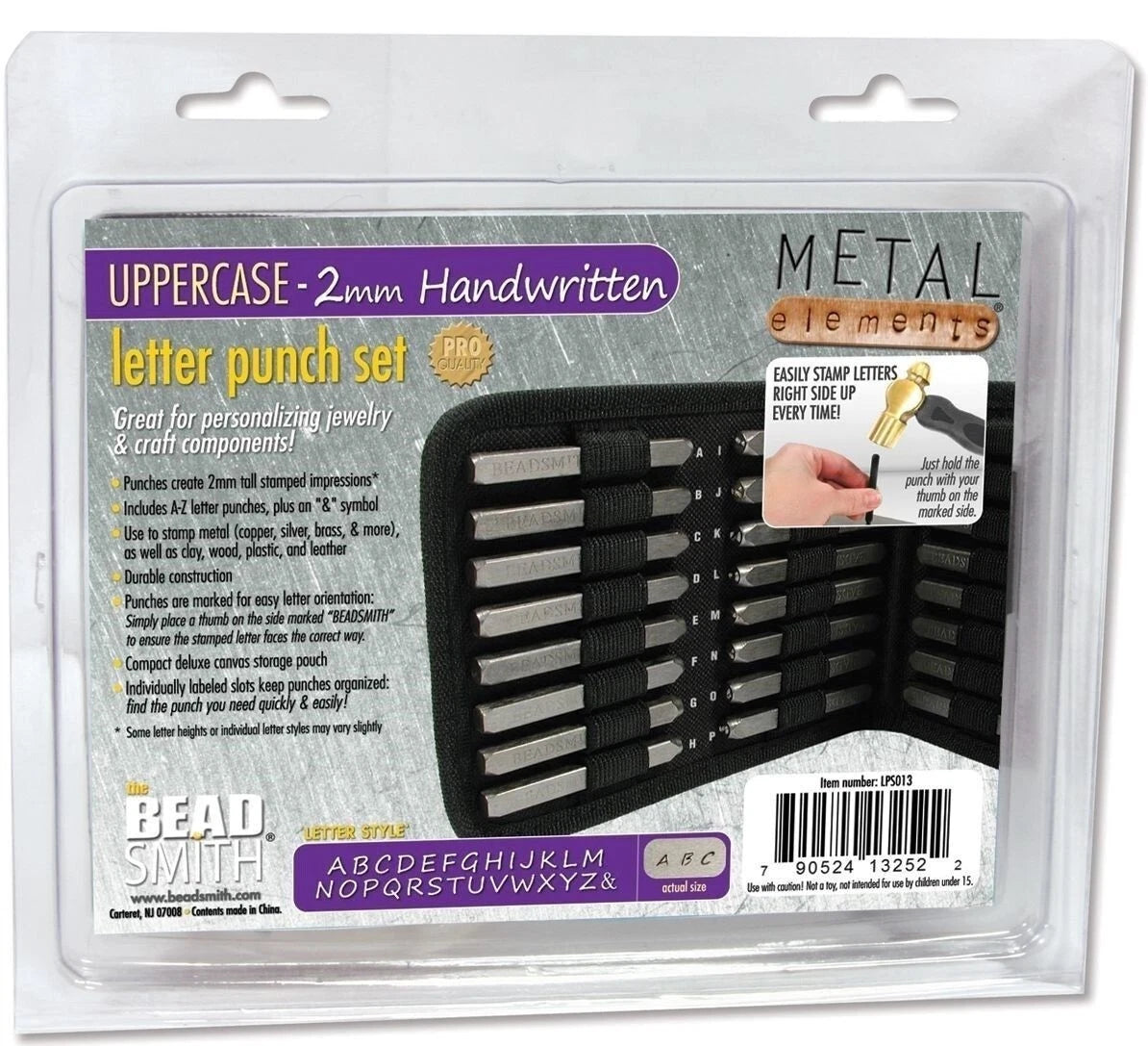 Bead Smith Metal Elements Uppercase 2mm Handwritten Letter Punch Set in retail blister packaging, showing the black punch tool and printed product information card.