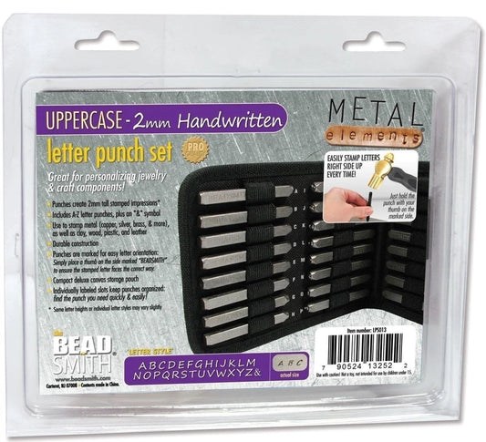 Bead Smith Metal Elements Uppercase 2mm Handwritten Letter Punch Set in retail blister packaging, showing the black punch tool and printed product information card.