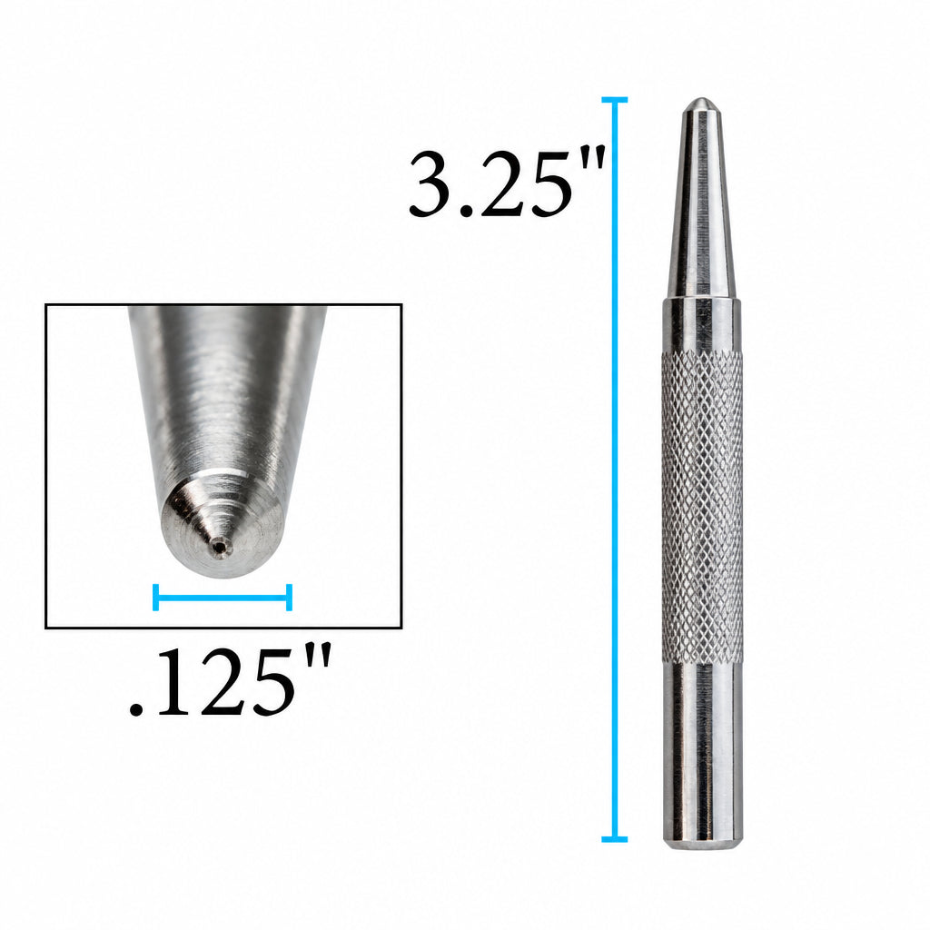 A silver metal nail drill bit shown on a white background with blue dimension lines indicating a total length of 3.25 inches and a tip diameter of .