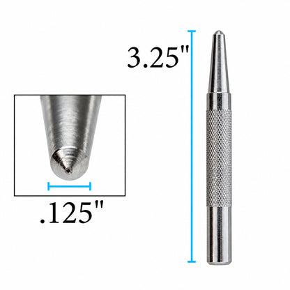 A silver metal nail drill bit shown on a white background with blue dimension lines indicating a total length of 3.25 inches and a tip diameter of .