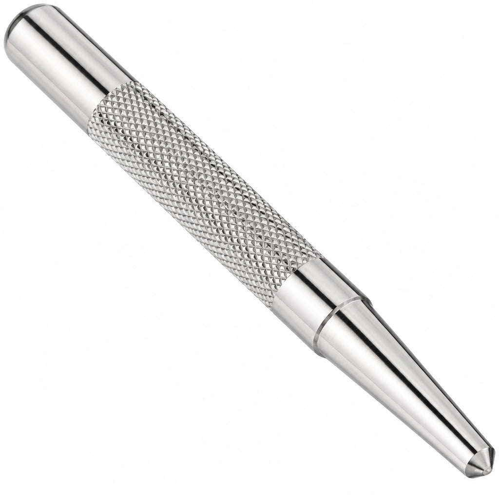 A silver metal punch tool with a knurled textured grip and a pointed tip, shown diagonally on a plain white background.