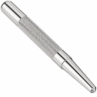 A silver metal punch tool with a knurled textured grip and a pointed tip, shown diagonally on a plain white background.