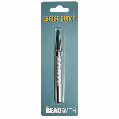A silver metal center punch tool in its original blue-green retail blister packaging, branded BEAD SMITH.