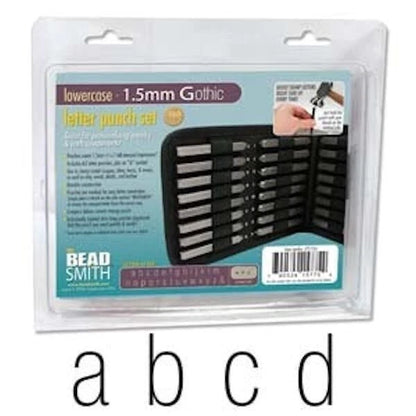 Bead Smith 1.5mm Gothic lowercase letter punch set in clear plastic packaging, with the letters 'a', 'b', 'c', 'd' shown below the package.