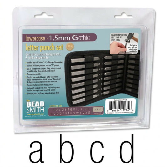 Bead Smith 1.5mm Gothic lowercase letter punch set in clear plastic packaging, with the letters 'a', 'b', 'c', 'd' shown below the package.