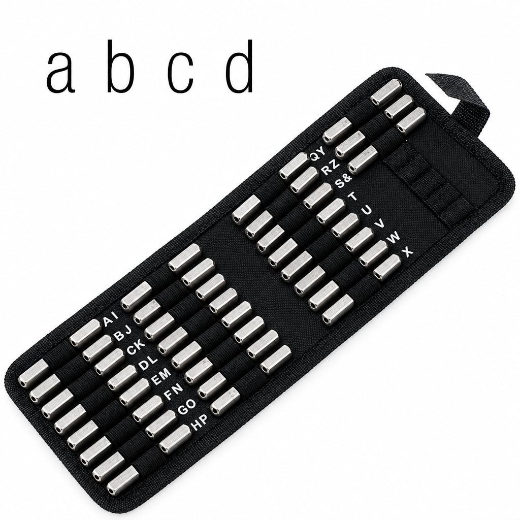 A black roll-up alphabet  on a white background.