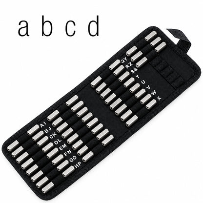 A black roll-up alphabet  on a white background.