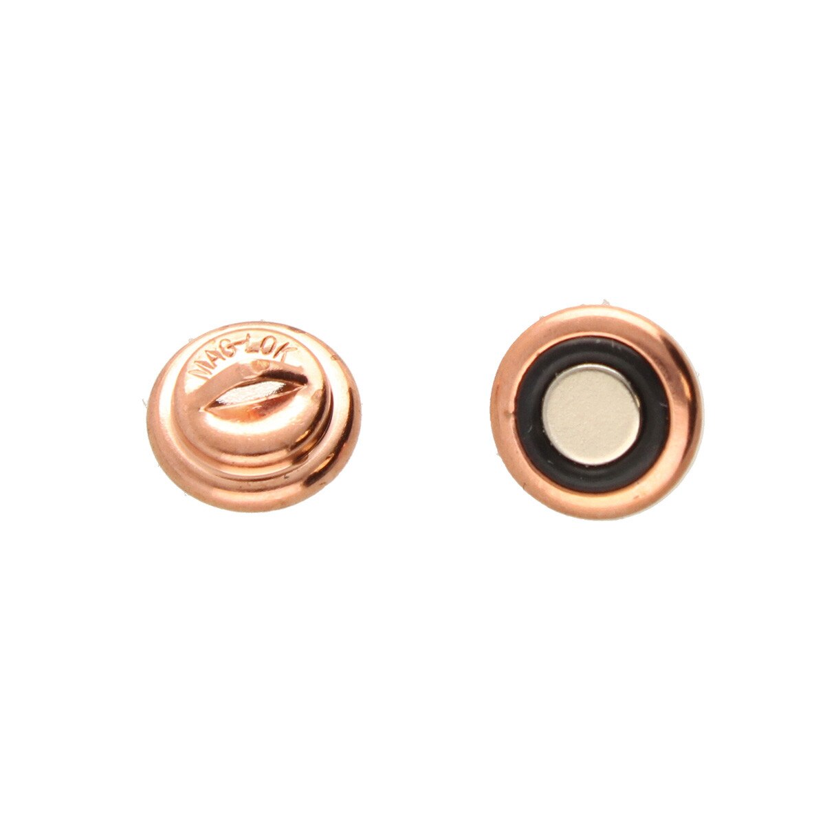 Two small oval metallic snap fasteners shown side by side on a plain white background. One shows the closed side with a lip detail and embossed text, and the other shows the open side with a black rubber gasket and a silver metal center.
