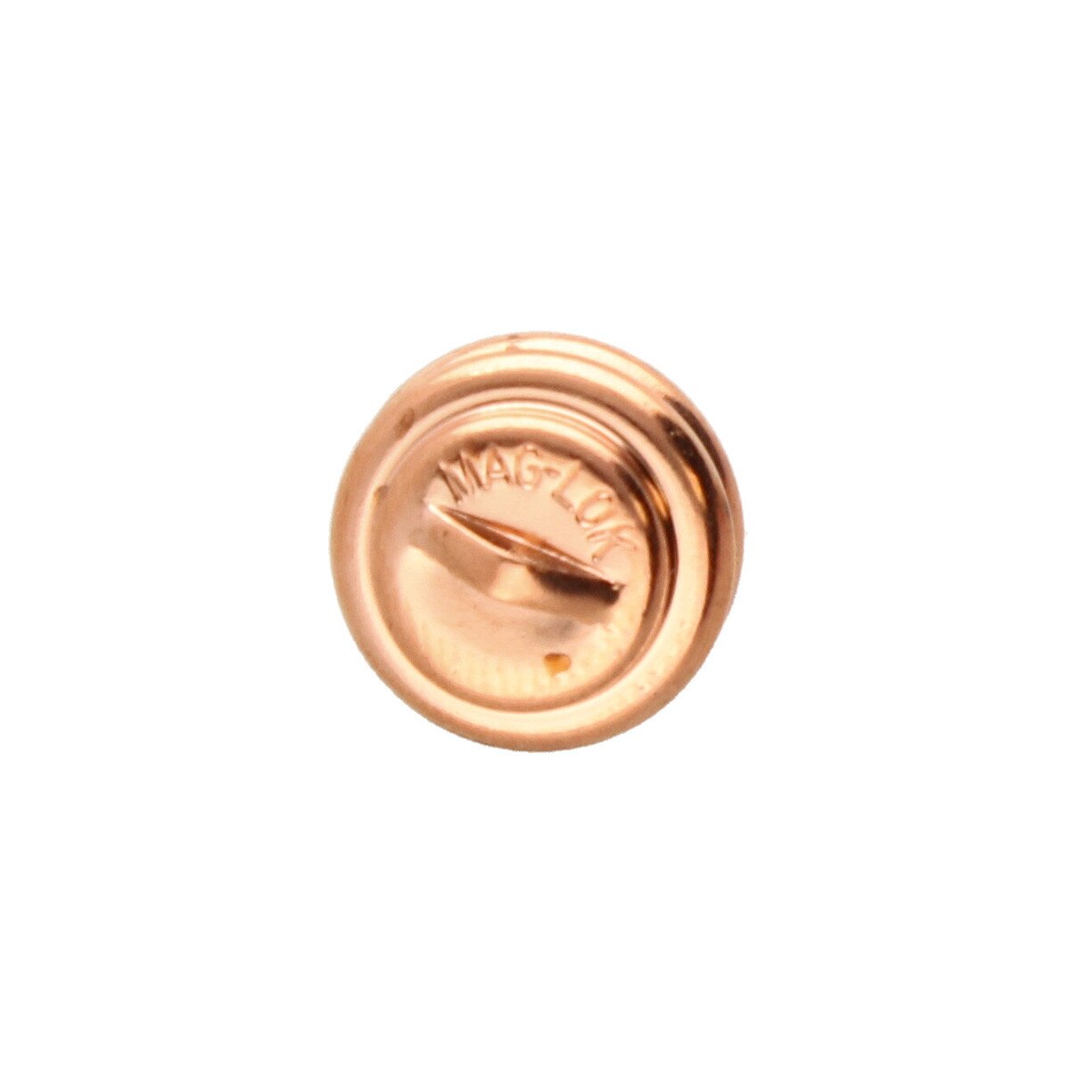 A single round metallic pin or badge shown from the back on a plain white background. The metal has a warm copper/rose-gold tone, and the word MAG-LOK is embossed on the surface.