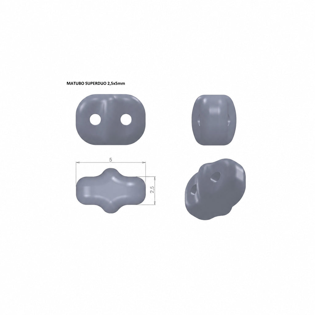 Three views of a gray plastic bead with two holes, shown with dimension markings of 5mm by 3.5mm on a white background.
