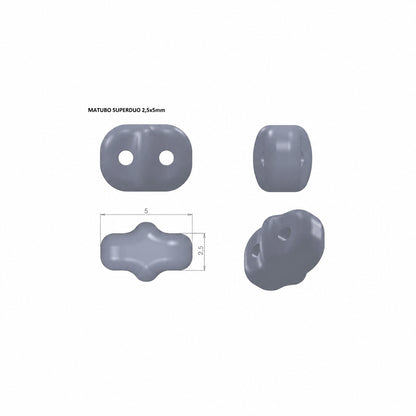 Three views of a gray plastic bead with two holes, shown with dimension markings of 5mm by 3.5mm on a white background.