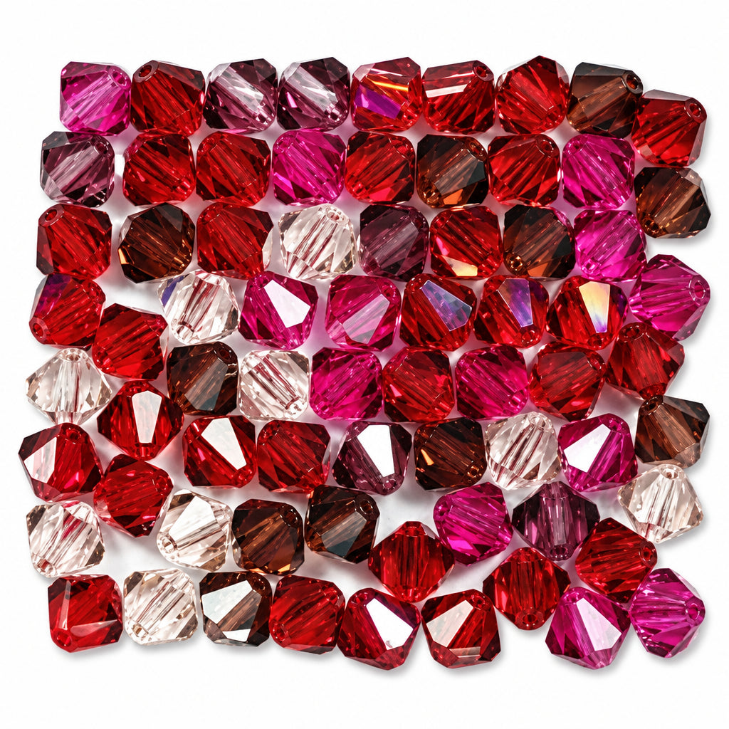 A collection of faceted crystal beads in shades of red, pink, and burgundy, arranged in a square pattern on a white background.