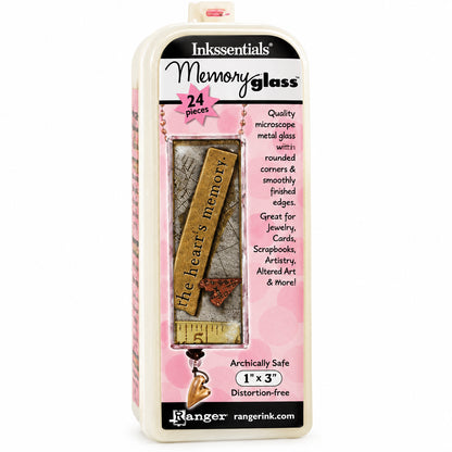 Ink Essentials Memory Glass 24-piece craft glass set in its original packaging, featuring a pink and white box with a clear window showing the glass pieces inside.