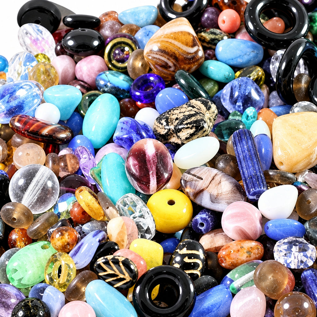A dense pile of assorted glass lampwork beads in various colors, shapes, and textures, including opaque black, translucent clear, glossy blue, pastel pink, and yellow.