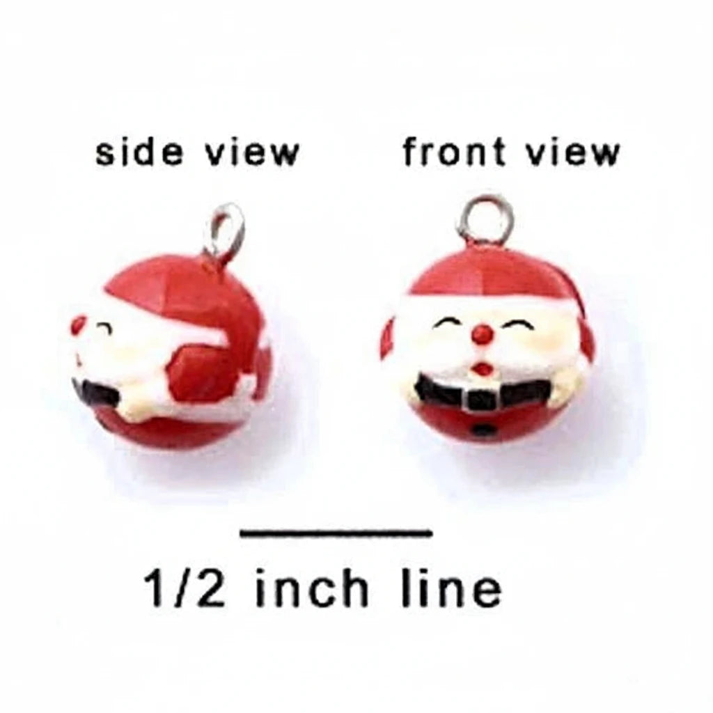 A small Santa Claus charm shown from side and front views on a white background, with text indicating side view, front view, and a 1/2 inch line for scale.