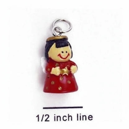 A small red angel charm pendant with a silver jump ring, shown against a white background with a '1/2 inch line' size reference below.