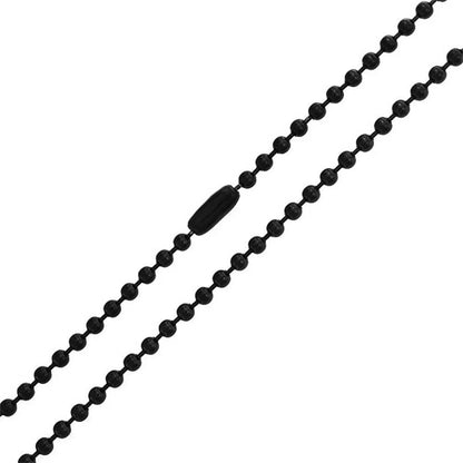 A black beaded ball chain necklace with a central matte black oval charm, shown diagonally on a plain white background.