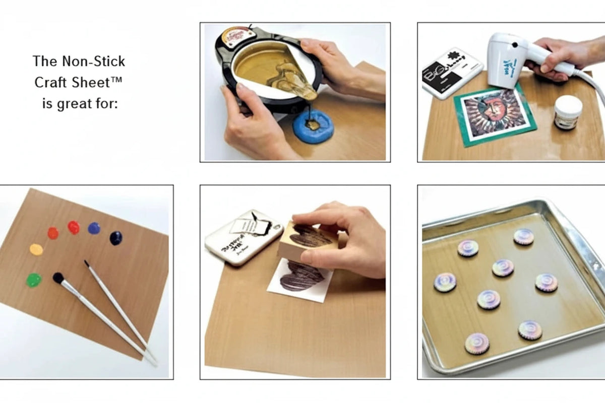 A six-panel collage demonstrating the use of a non-stick craft sheet. The panels show hands using the sheet for melting and molding wax melts, dipping a metal dish into wax, pressing a wax stamp, painting wax melts on a tray, and heating a small jar with a heat gun.