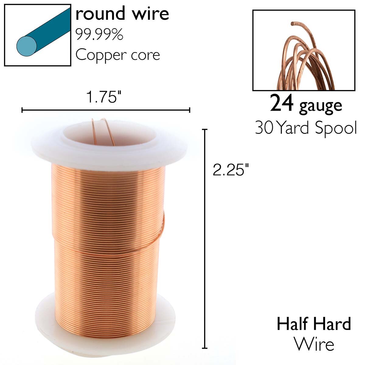 Beadsmith Tarnish Resistant Copper Round Wire, 24 Gauge, 30 Yards