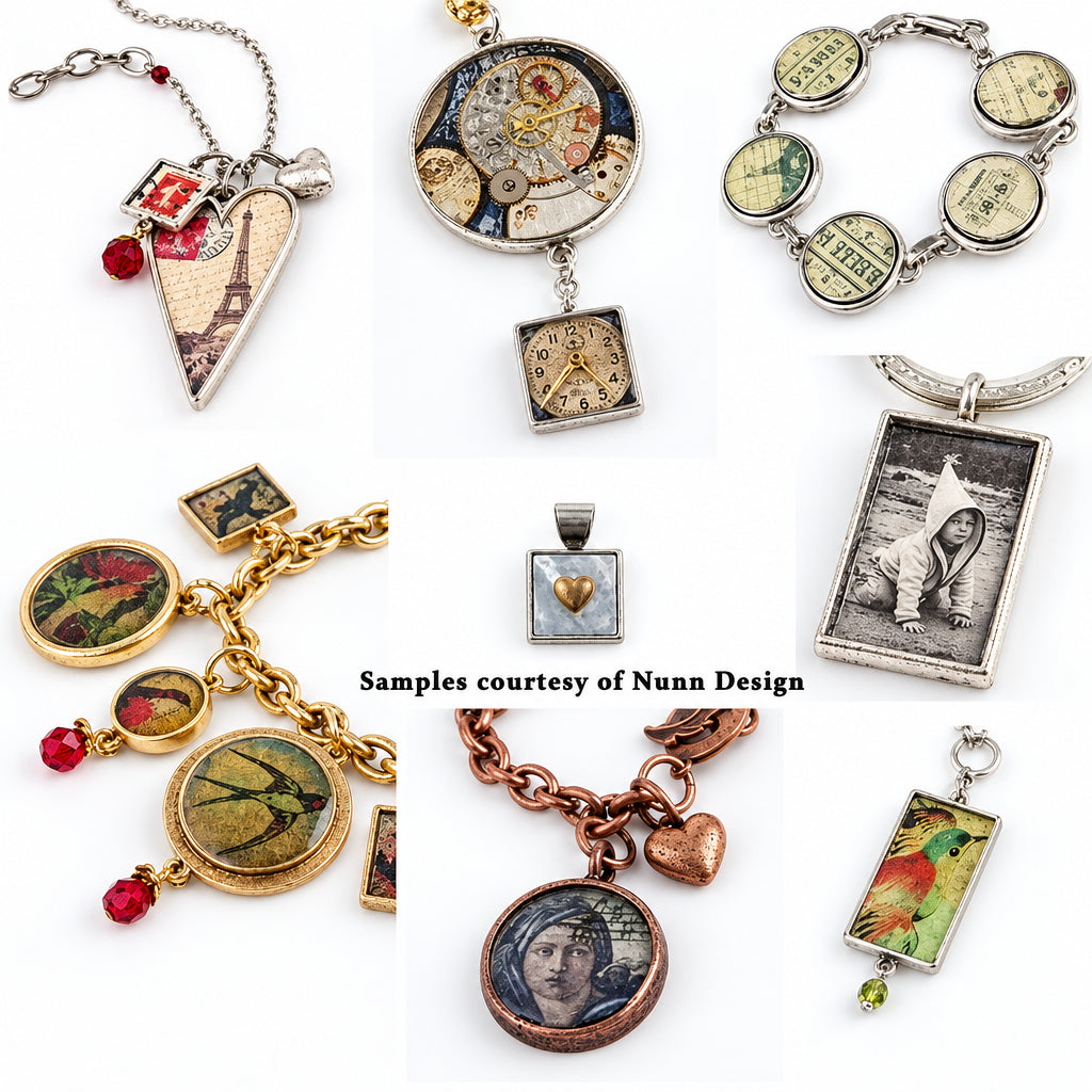 A collage of multiple jewelry pieces featuring vintage-style map and illustration designs in silver, gold, and copper tones, with small red bead accents. The products include necklaces, bracelets, and pendants with map prints, clock details, and scenic illustrations.