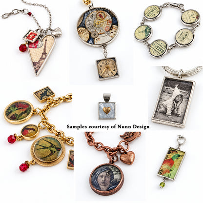 A collage of multiple jewelry pieces featuring vintage-style map and illustration designs in silver, gold, and copper tones, with small red bead accents. The products include necklaces, bracelets, and pendants with map prints, clock details, and scenic illustrations.