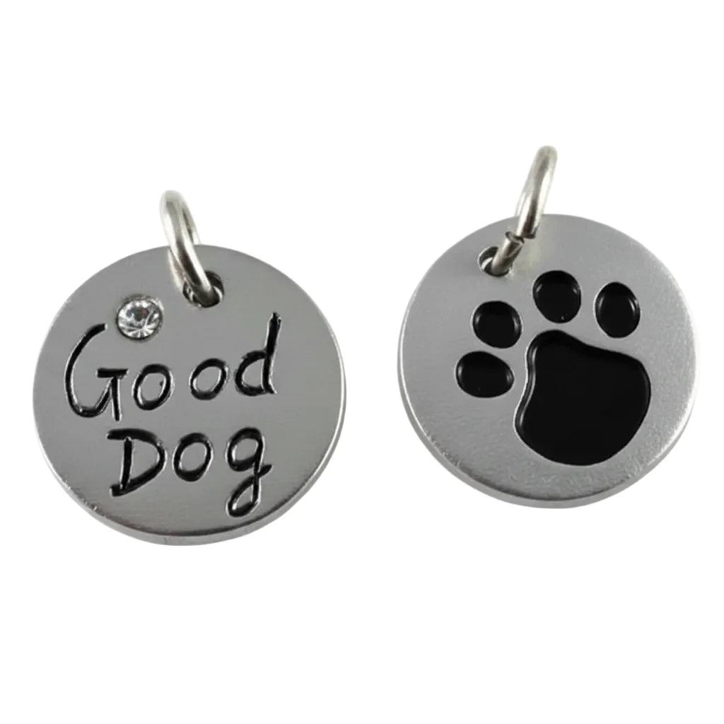 Two round silver metal pet ID tags on a white background. One tag is engraved with 'Good Dog' and has a small clear rhinestone.