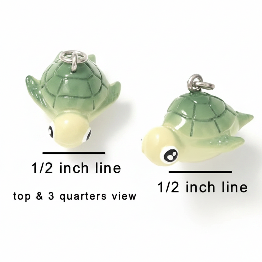 Two small turtle charms shown on a white background with measurement labels reading 1/2 inch line and top & 3 quarters view, to indicate size.