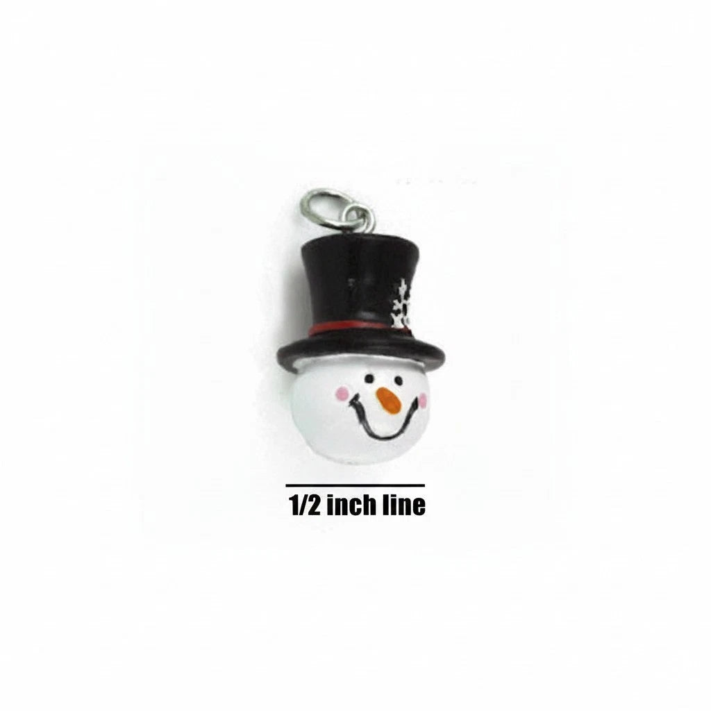 A small snowman charm with a black top hat, white face, and orange carrot nose, shown on a plain white background with the text '1/2 inch line' below it.