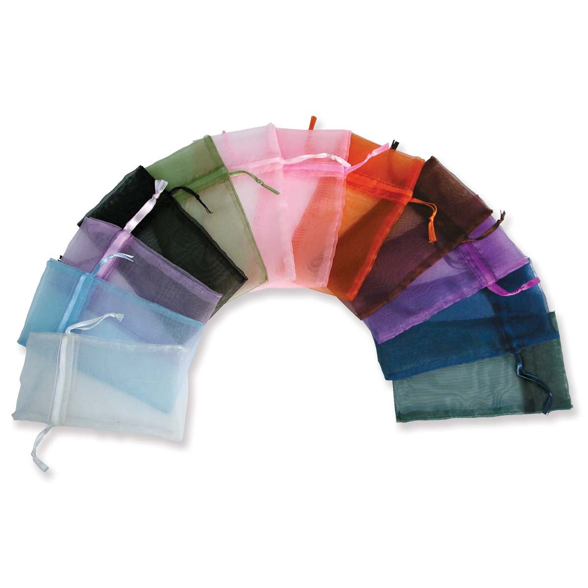 A set of sheer organza drawstring pouches arranged in a semi-circle on a white background, showing multiple colors including light blue, lavender, green, pink, orange, brown, purple, and dark teal.