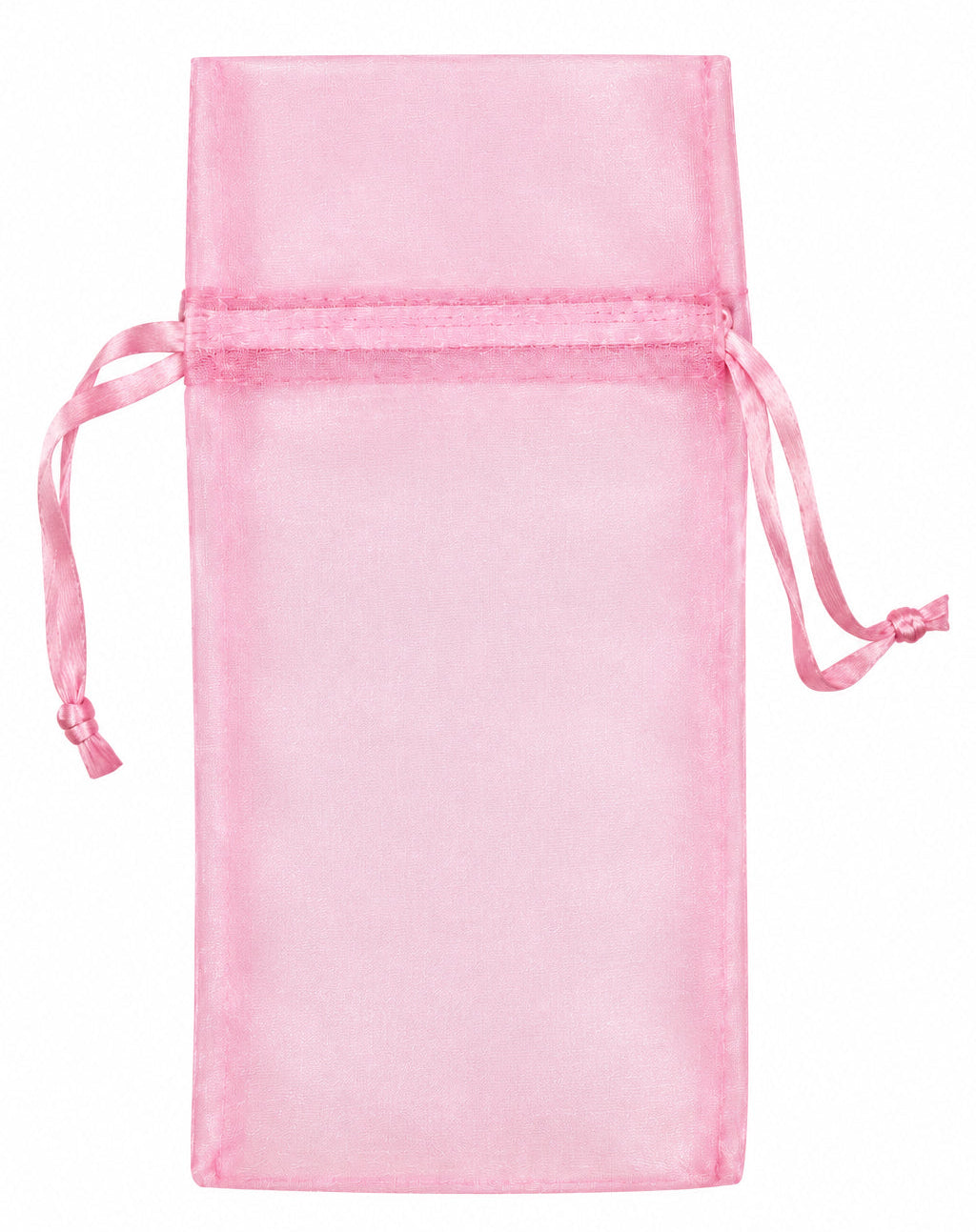 A small light pink organza drawstring pouch bag on a plain white background.