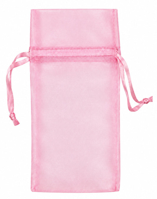 A small light pink organza drawstring pouch bag on a plain white background.