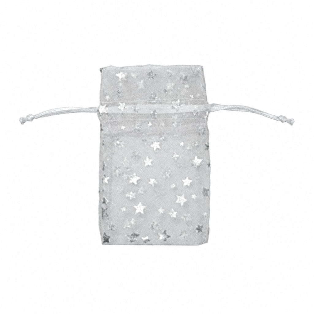 A silver organza drawstring pouch decorated with metallic star cutouts, shown against a plain white background.
