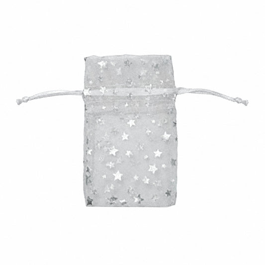 A silver organza drawstring pouch decorated with metallic star cutouts, shown against a plain white background.