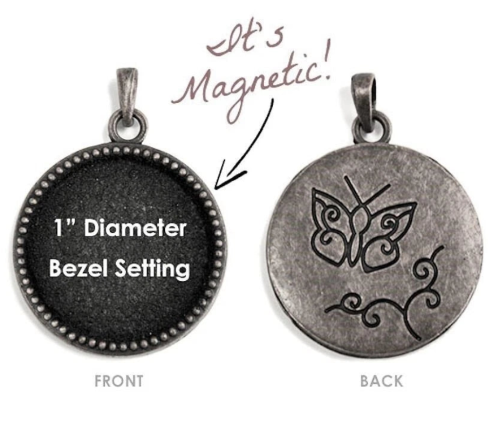 A 1/2" diameter bezel-set pendant shown from both front and back on a white background. The front is dark charcoal/black with white text reading '1/2" Diameter Bezel Setting,' and the back is a distressed silver-gray with an engraved butterfly design.