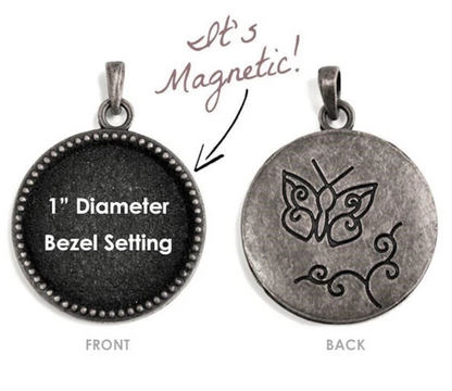 A 1/2" diameter bezel-set pendant shown from both front and back on a white background. The front is dark charcoal/black with white text reading '1/2" Diameter Bezel Setting,' and the back is a distressed silver-gray with an engraved butterfly design.