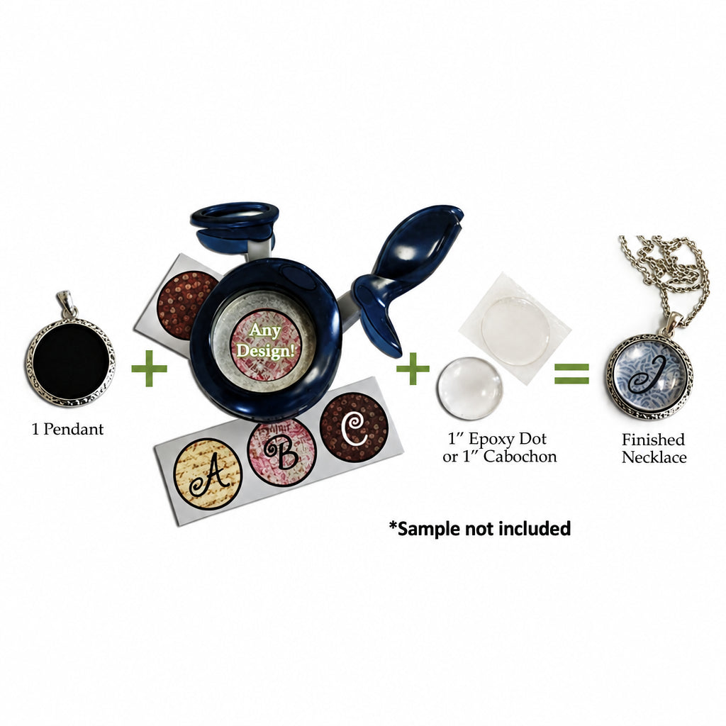 A composite product graphic showing a pendant-making kit or customization setup: a round pendant frame with a black insert, a blue-and-black magnifier or tool, a sample round design insert reading 'Any Design!,' a clear drop, a cabochon sample, and a finished necklace on a chain. Text says '1 Pendant,' 'Any Design!,' '1" Epoxy Dot or 1" Cabochon,' and 'Finished Necklace,' with a note '*Sample not included.