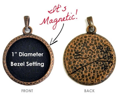A 1-inch diameter bezel setting pendant shown from both front and back on a white background. The front side is black with white text reading '1" Diameter Bezel Setting,' and the back side shows a copper-toned hammered metal rim with a black bird engraving.