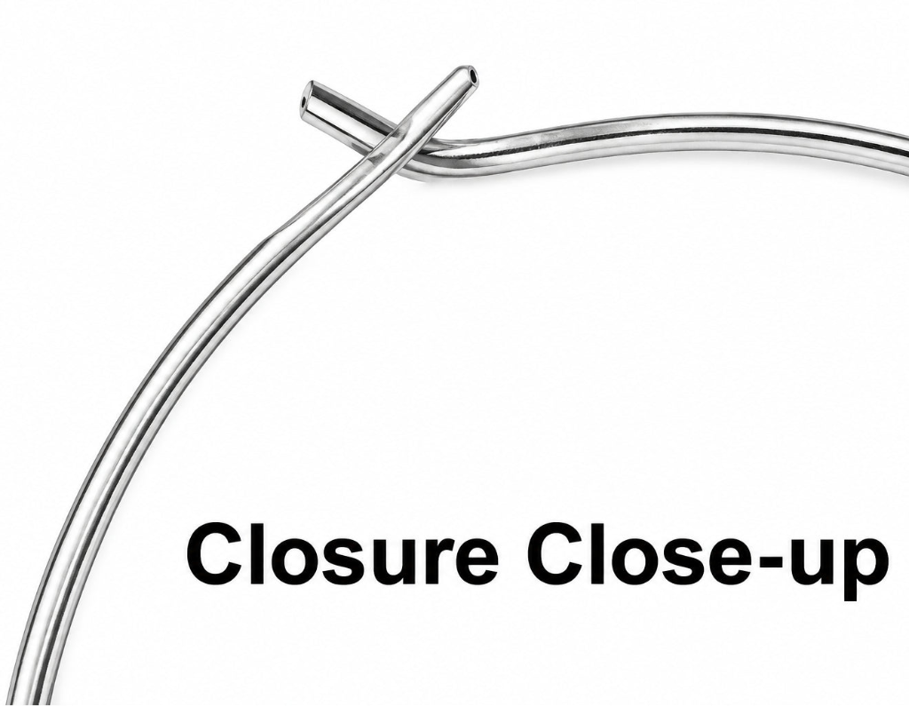 Close-up detail of a metal wire frame closure with the text 'Closure Close-up' on a white background.