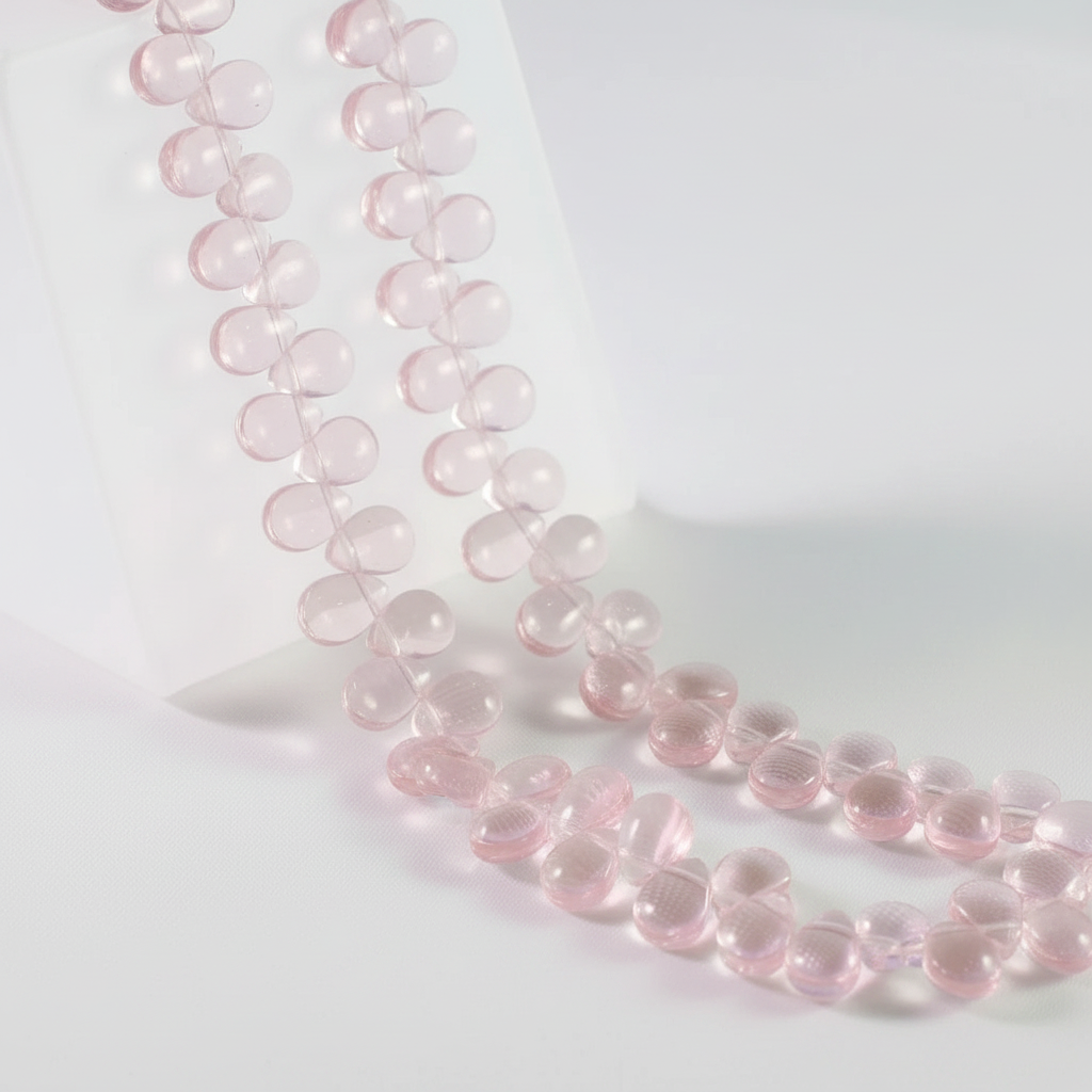 A strand of pale pink translucent round beads draped over a white display block on a clean white background.