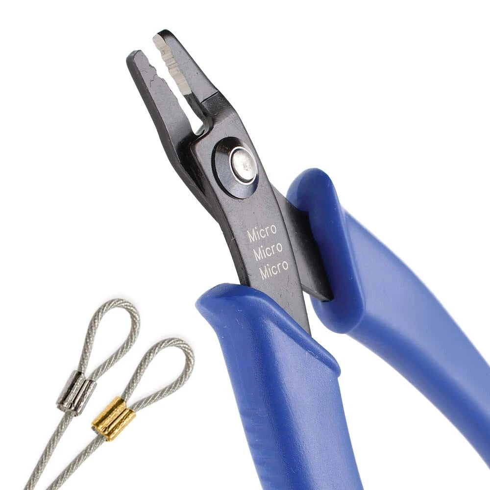Blue wire cutters with a small metal cable on a white background